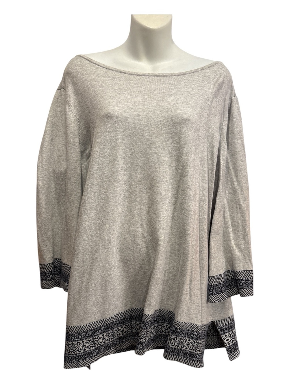 Chico's Heather Gray Boatneck Tunic with Blue  Printed Hem size large or Chico 2